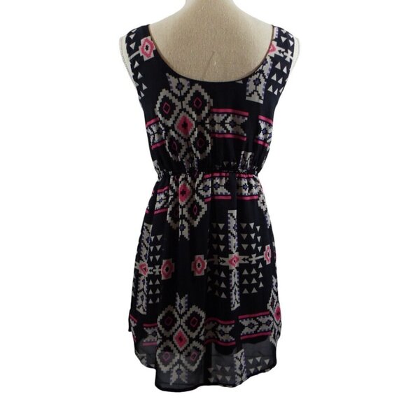 BeBop Slip Lined Elastic Waist Round Neck Sleeveless Aztec Print Dress - Small - Picture 6 of 12